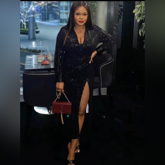 SOLD!! NWOT ZARA Women’s BLOGGER FAVE Black Sequin Ruched Midi Dress Medium M - Picture 4 of 12